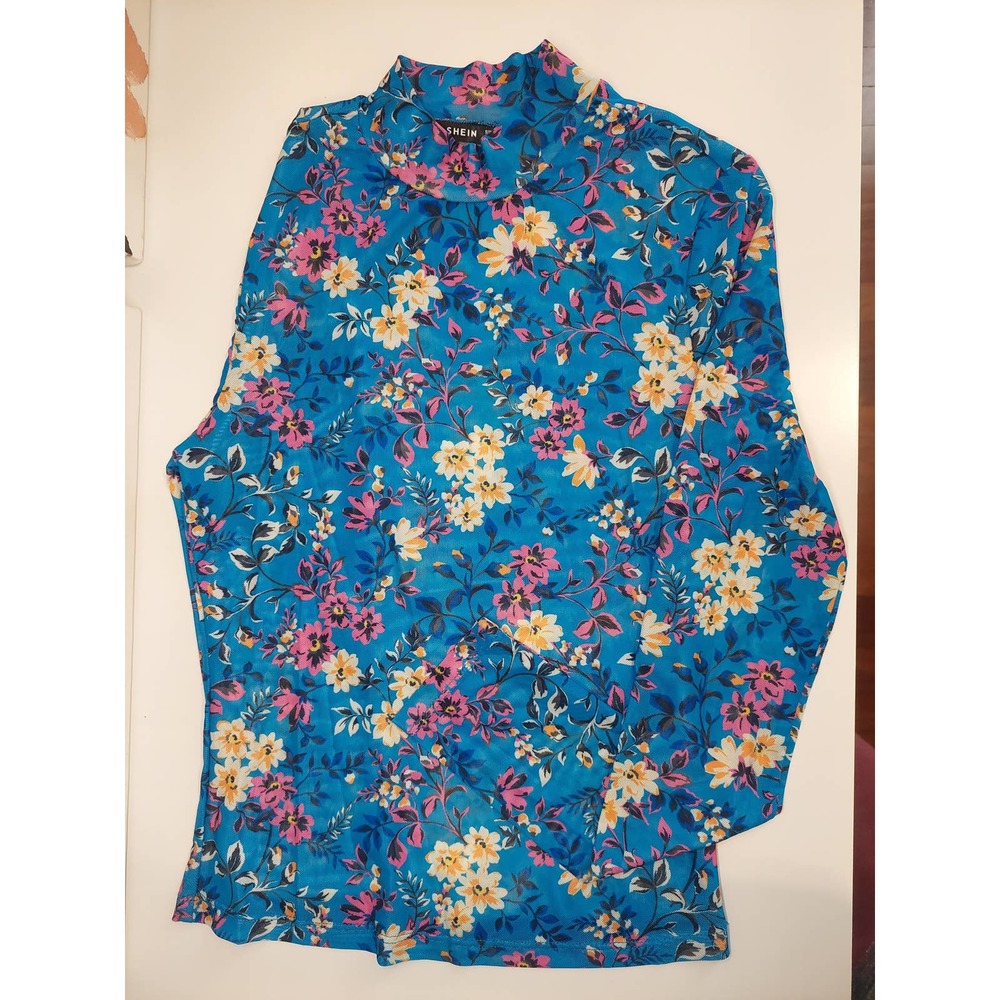 Youth & Casual High Neck Shirt Size S Blue Flower Print
